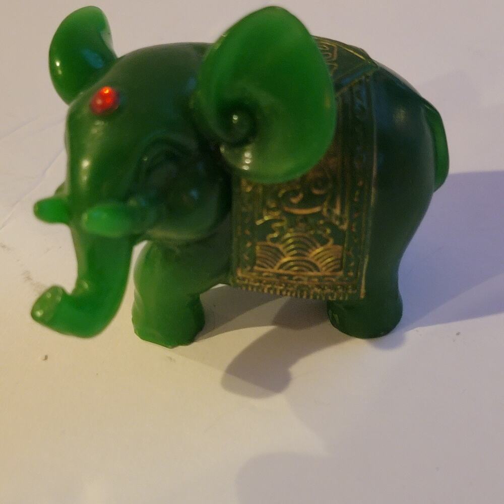 Elephant Figurine Small Green Resin Gold Saddle Red Jewel Home Decor Statue